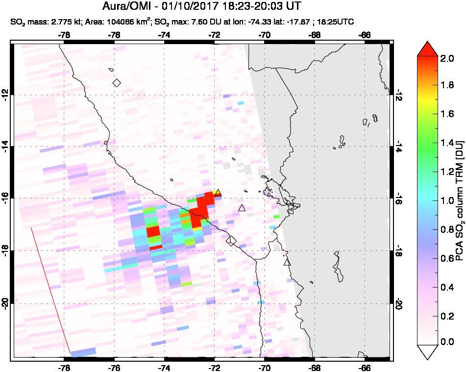 A sulfur dioxide image over Peru on Jan 10, 2017.