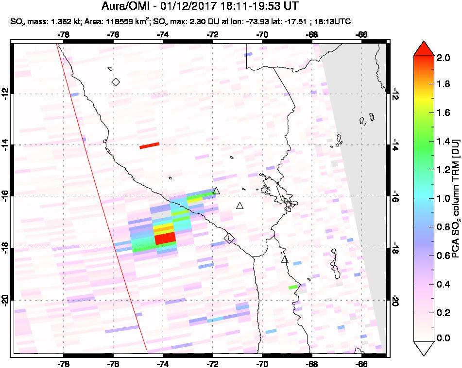 A sulfur dioxide image over Peru on Jan 12, 2017.