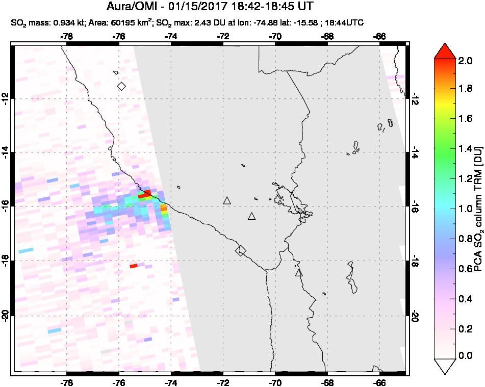 A sulfur dioxide image over Peru on Jan 15, 2017.