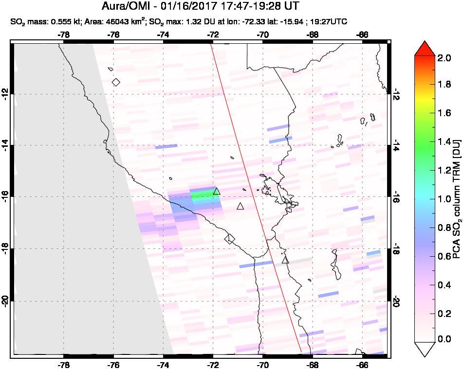 A sulfur dioxide image over Peru on Jan 16, 2017.