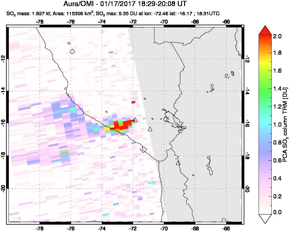 A sulfur dioxide image over Peru on Jan 17, 2017.