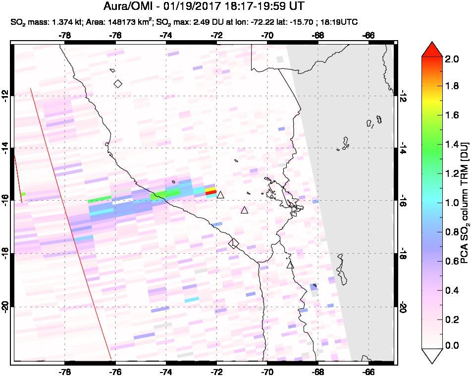 A sulfur dioxide image over Peru on Jan 19, 2017.