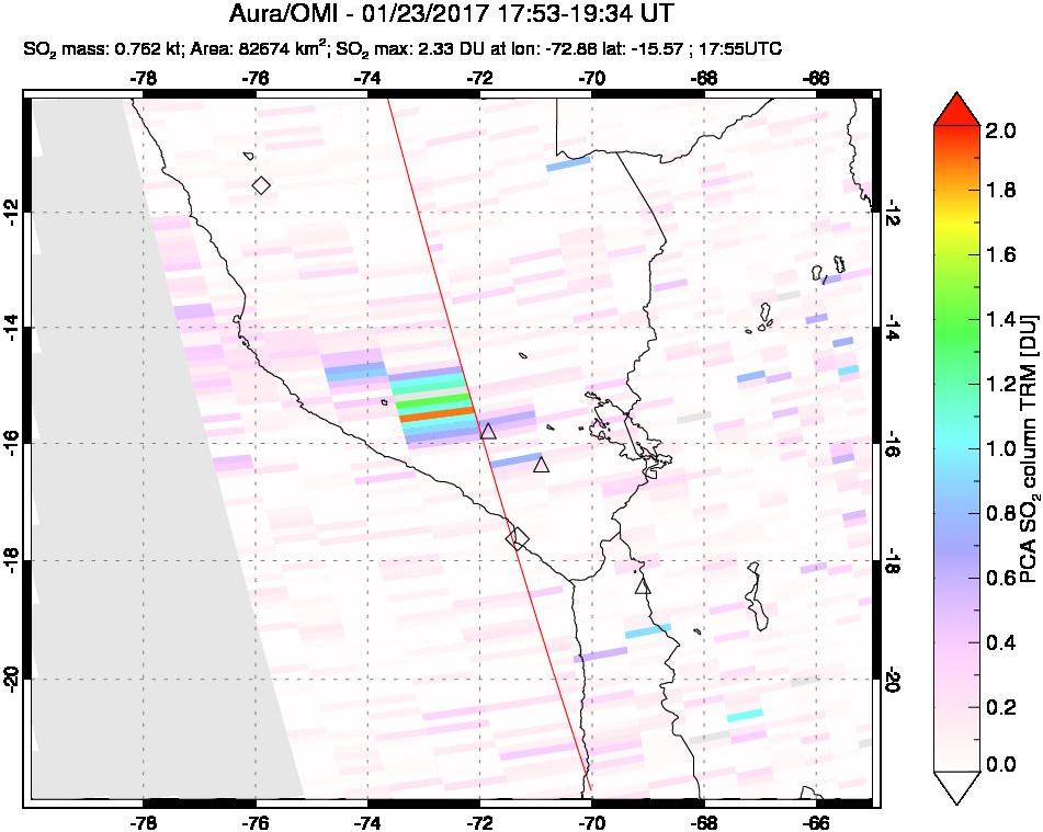 A sulfur dioxide image over Peru on Jan 23, 2017.