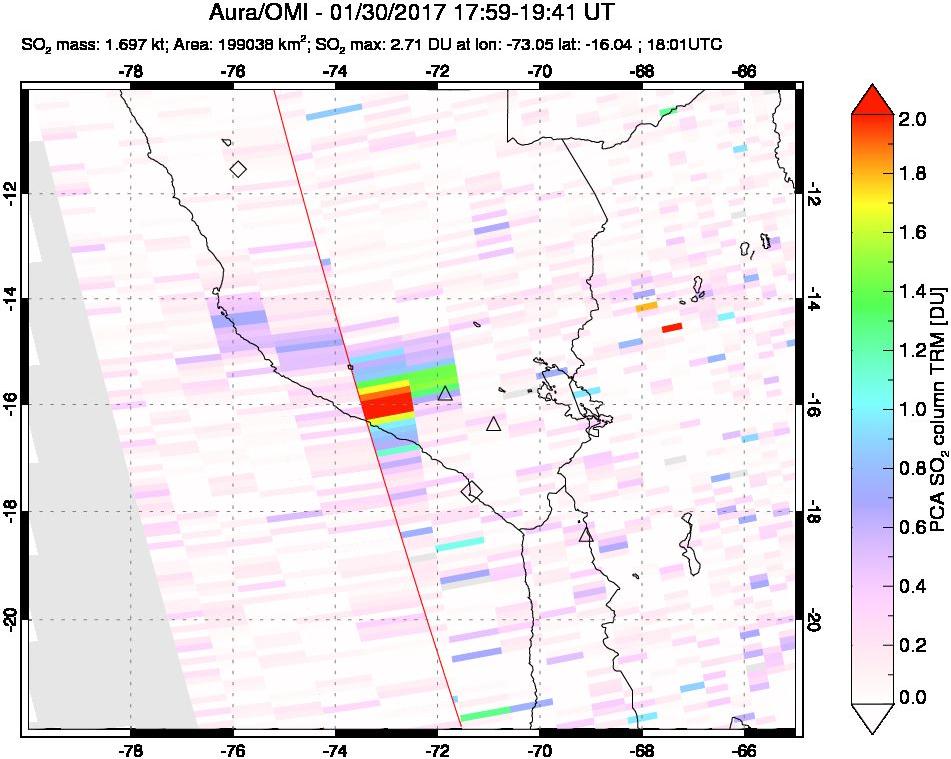 A sulfur dioxide image over Peru on Jan 30, 2017.