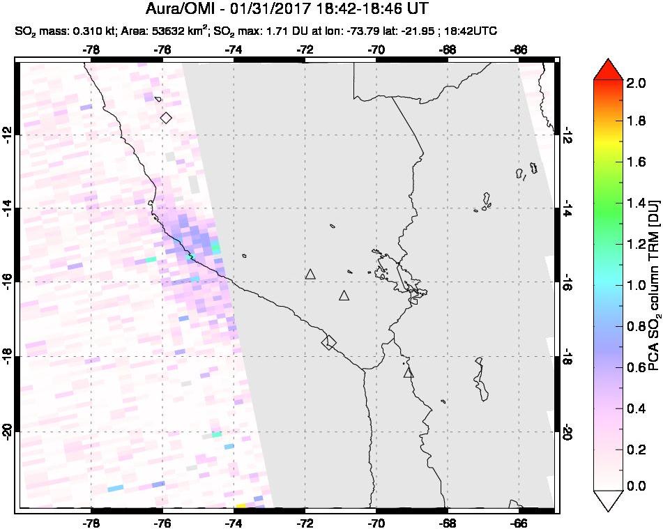 A sulfur dioxide image over Peru on Jan 31, 2017.