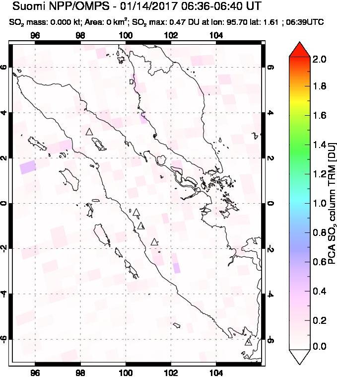 A sulfur dioxide image over Sumatra, Indonesia on Jan 14, 2017.