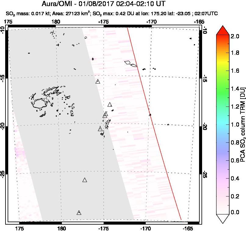 A sulfur dioxide image over Tonga, South Pacific on Jan 08, 2017.