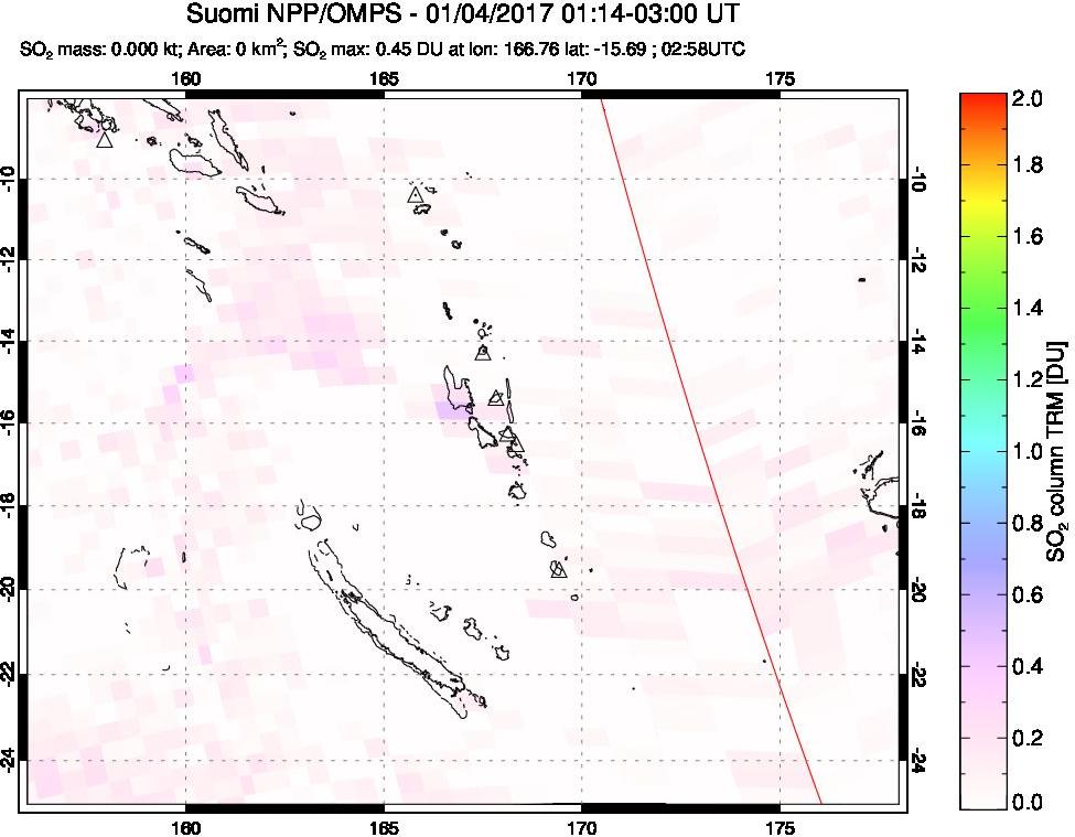 A sulfur dioxide image over Vanuatu, South Pacific on Jan 04, 2017.