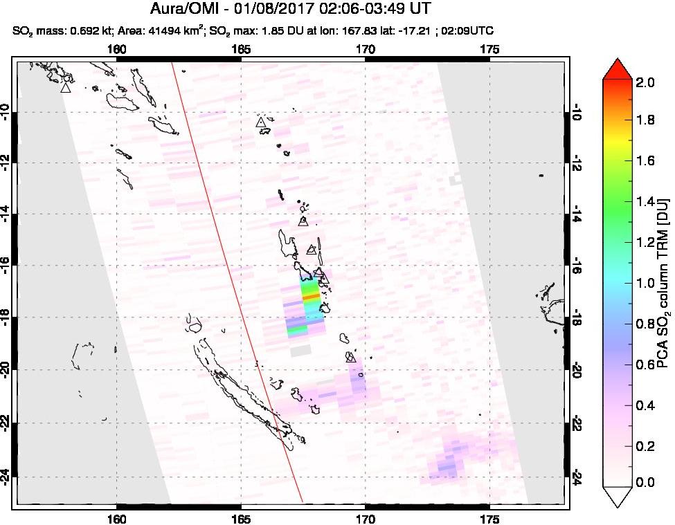 A sulfur dioxide image over Vanuatu, South Pacific on Jan 08, 2017.