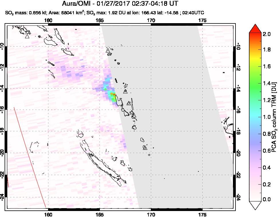 A sulfur dioxide image over Vanuatu, South Pacific on Jan 27, 2017.