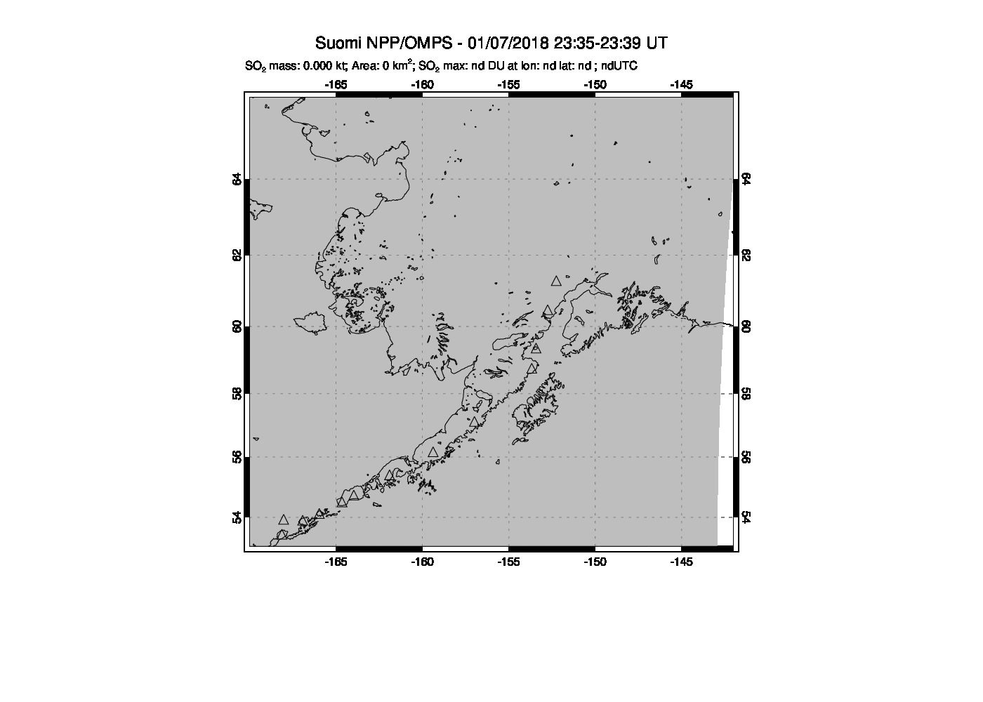 A sulfur dioxide image over Alaska, USA on Jan 07, 2018.
