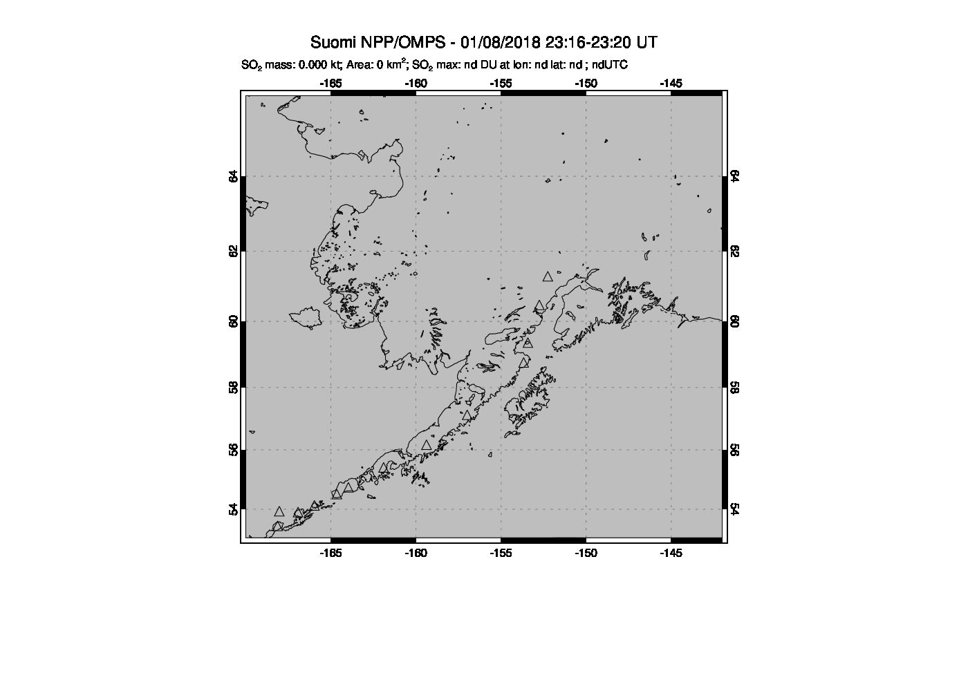 A sulfur dioxide image over Alaska, USA on Jan 08, 2018.