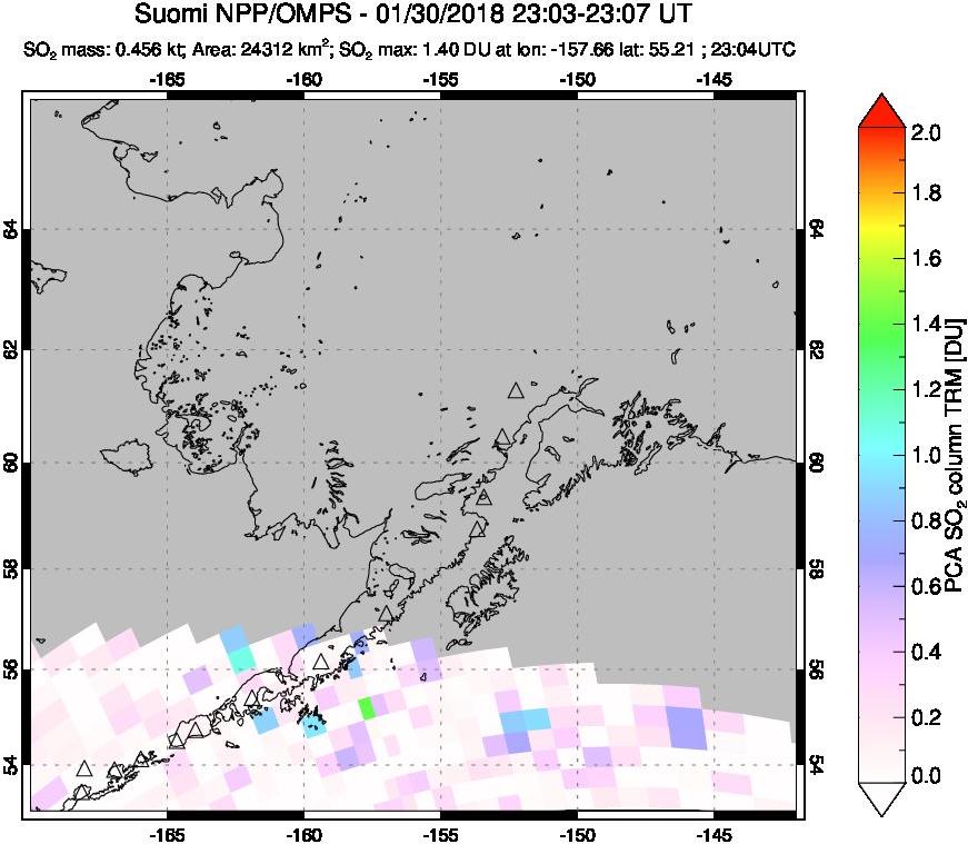 A sulfur dioxide image over Alaska, USA on Jan 30, 2018.