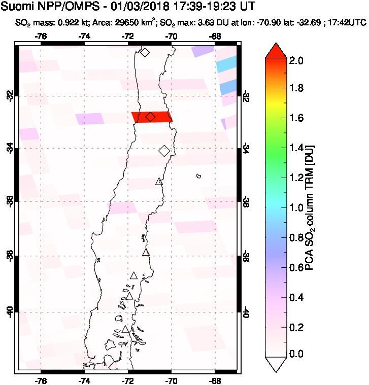A sulfur dioxide image over Central Chile on Jan 03, 2018.