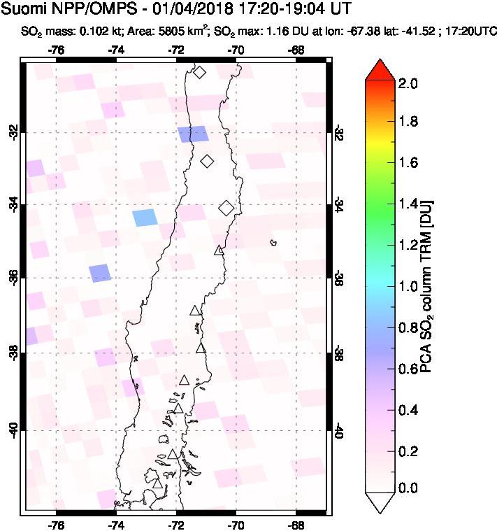 A sulfur dioxide image over Central Chile on Jan 04, 2018.