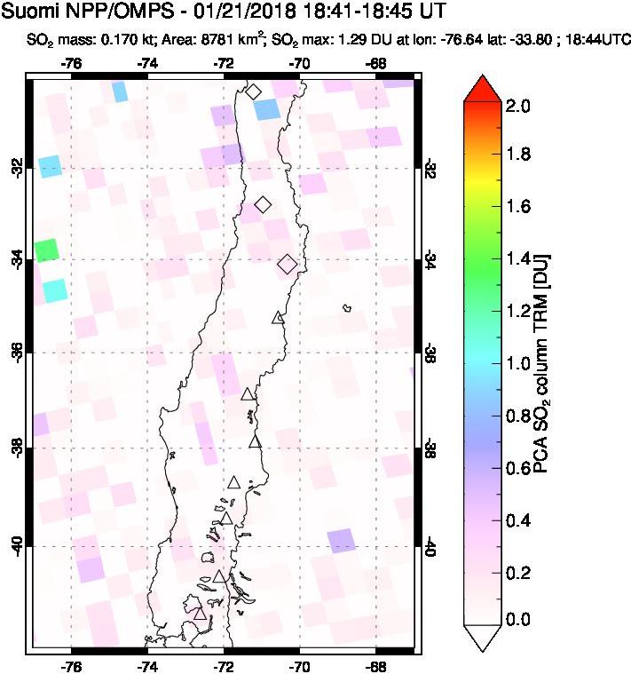 A sulfur dioxide image over Central Chile on Jan 21, 2018.