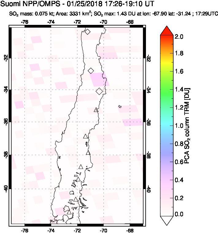 A sulfur dioxide image over Central Chile on Jan 25, 2018.