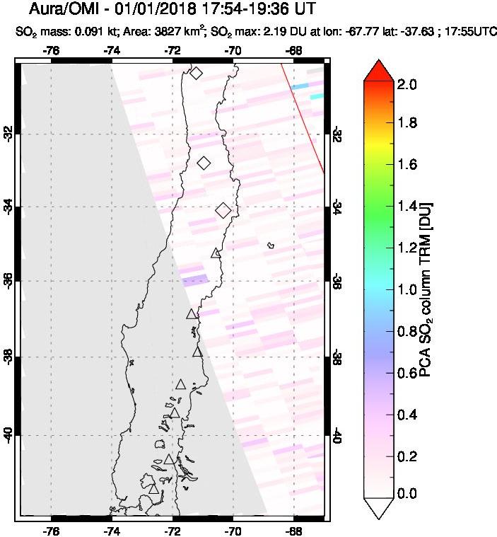 A sulfur dioxide image over Central Chile on Jan 01, 2018.