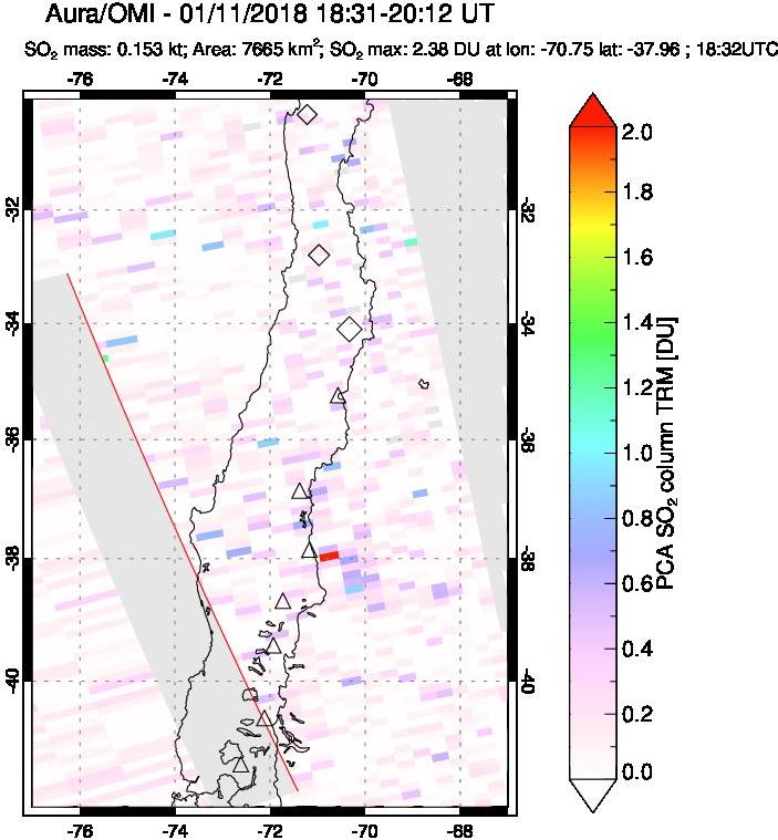 A sulfur dioxide image over Central Chile on Jan 11, 2018.