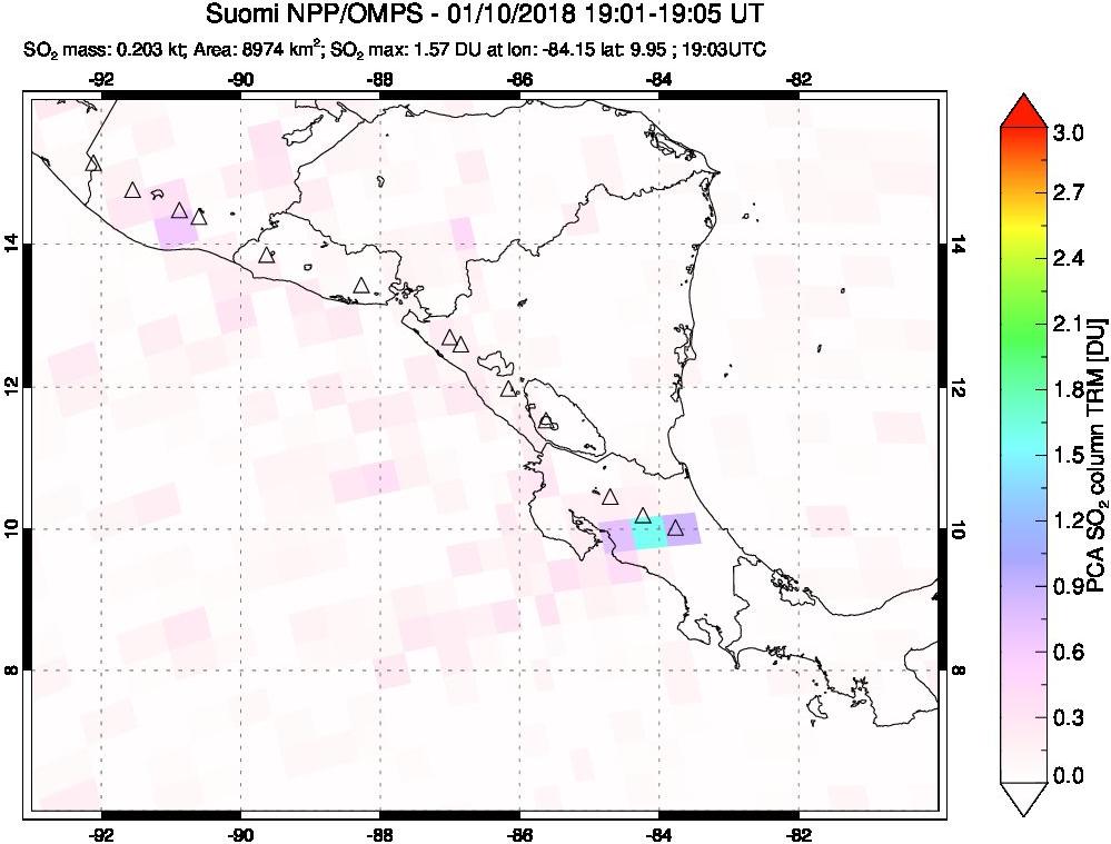 A sulfur dioxide image over Central America on Jan 10, 2018.