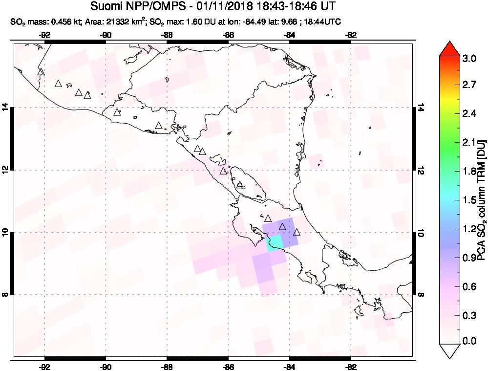 A sulfur dioxide image over Central America on Jan 11, 2018.