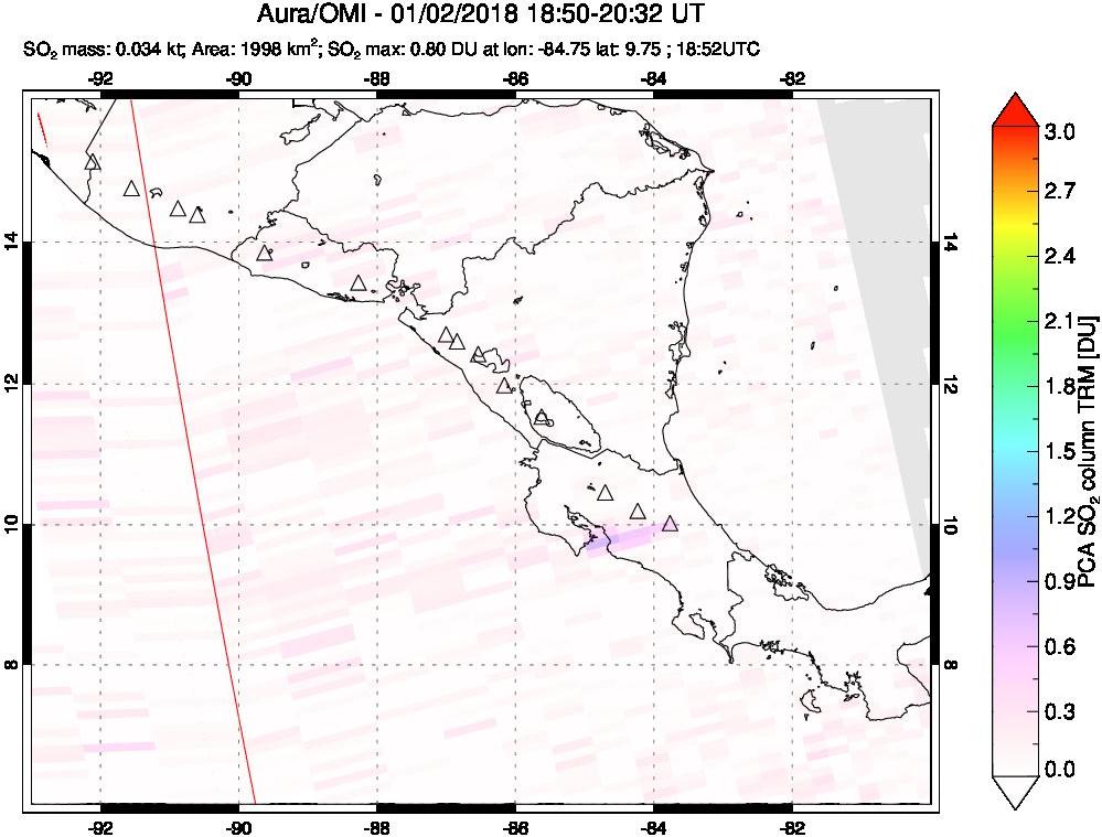 A sulfur dioxide image over Central America on Jan 02, 2018.