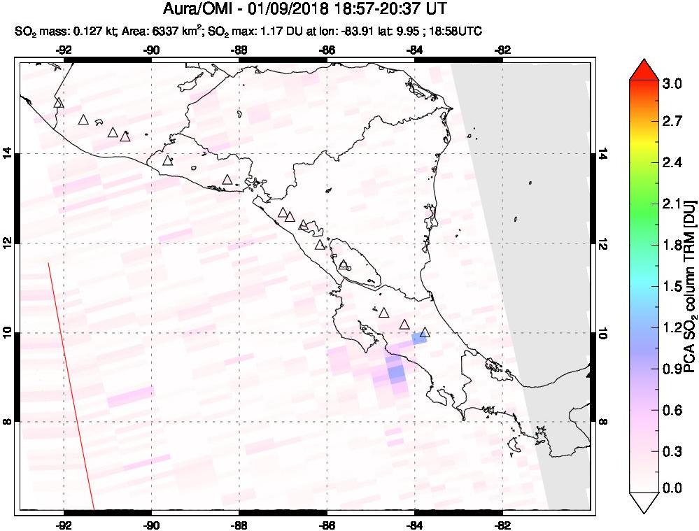 A sulfur dioxide image over Central America on Jan 09, 2018.