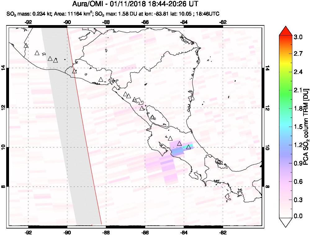 A sulfur dioxide image over Central America on Jan 11, 2018.