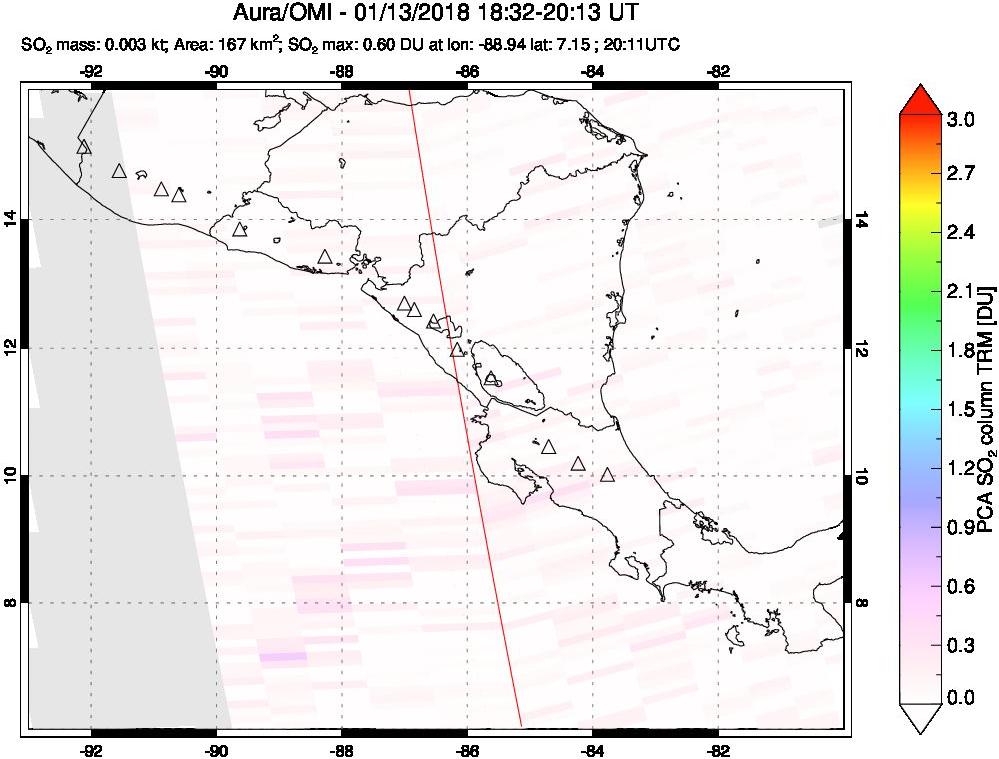 A sulfur dioxide image over Central America on Jan 13, 2018.
