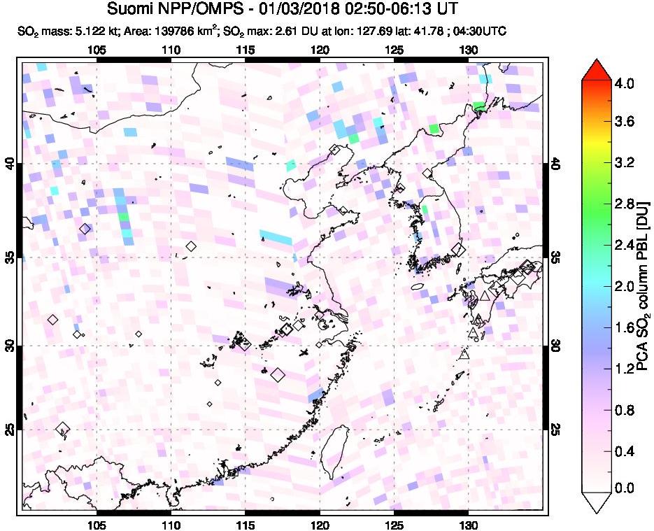 A sulfur dioxide image over Eastern China on Jan 03, 2018.