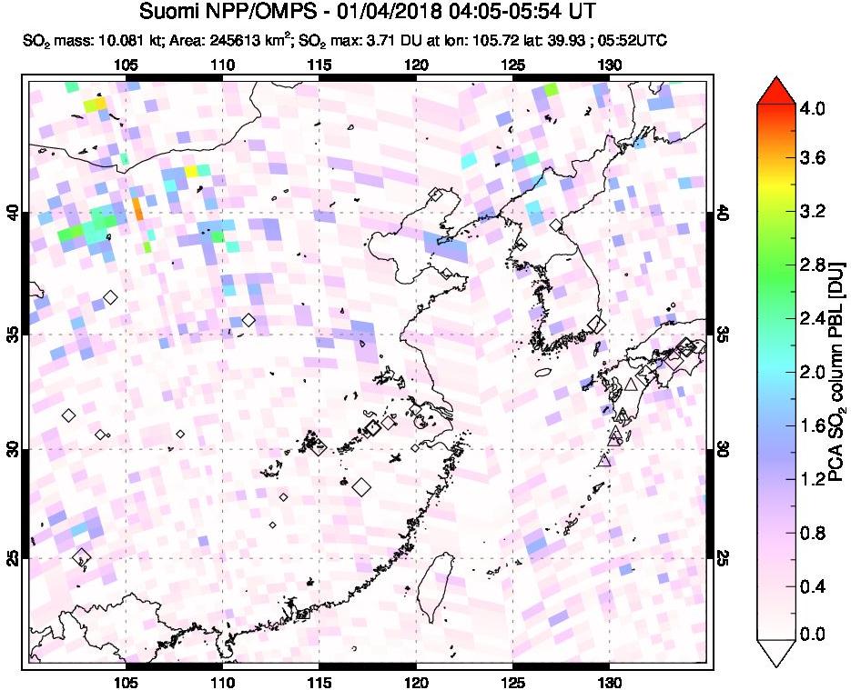 A sulfur dioxide image over Eastern China on Jan 04, 2018.