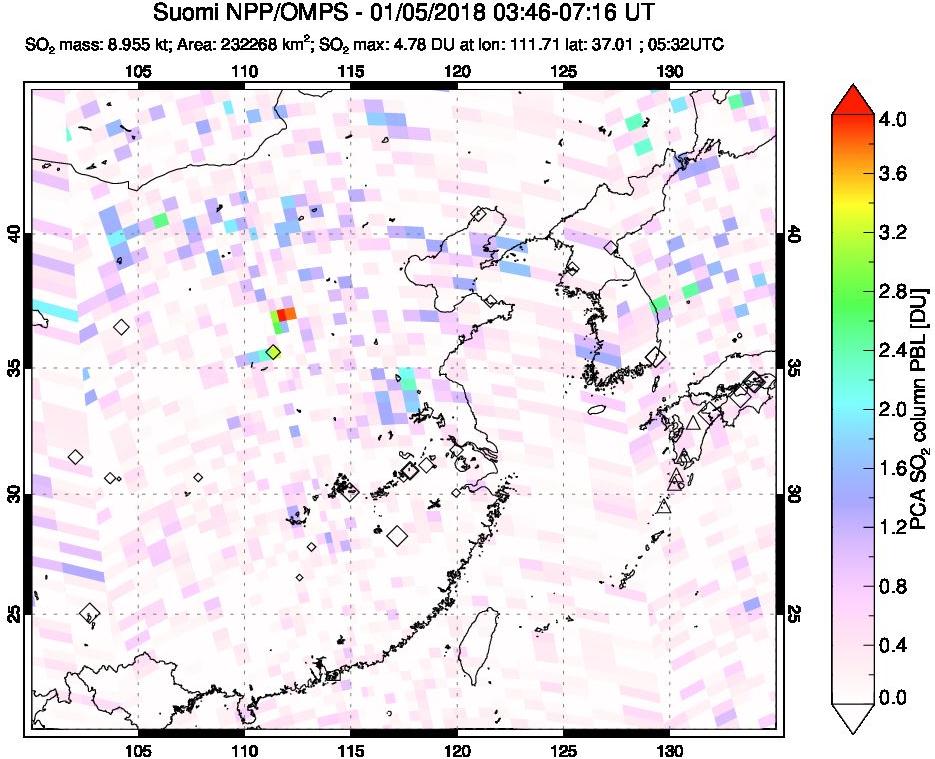 A sulfur dioxide image over Eastern China on Jan 05, 2018.