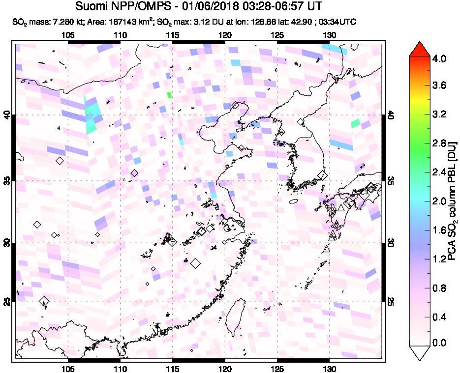 A sulfur dioxide image over Eastern China on Jan 06, 2018.