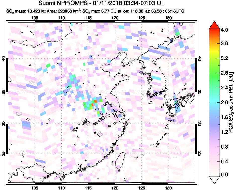 A sulfur dioxide image over Eastern China on Jan 11, 2018.