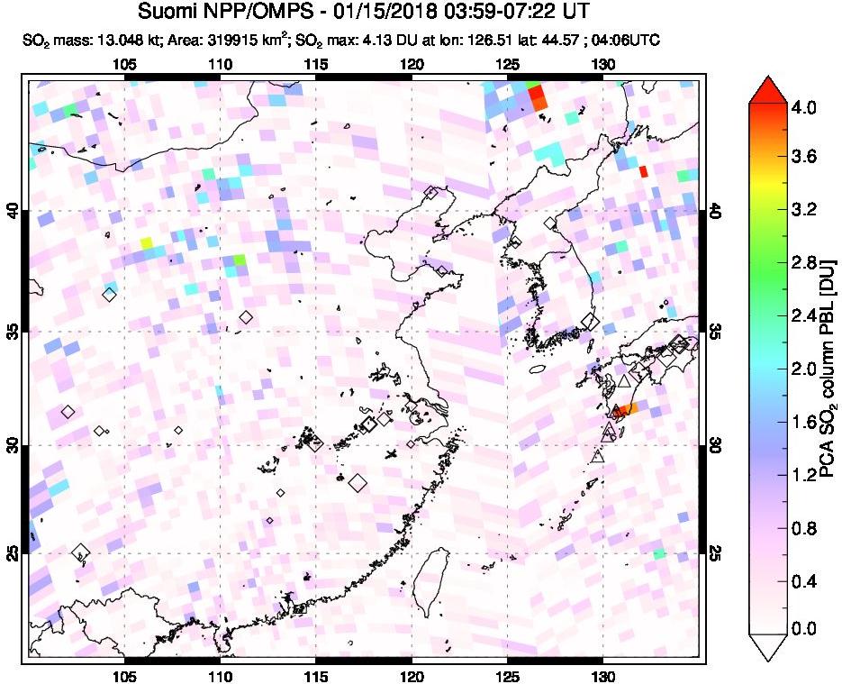 A sulfur dioxide image over Eastern China on Jan 15, 2018.