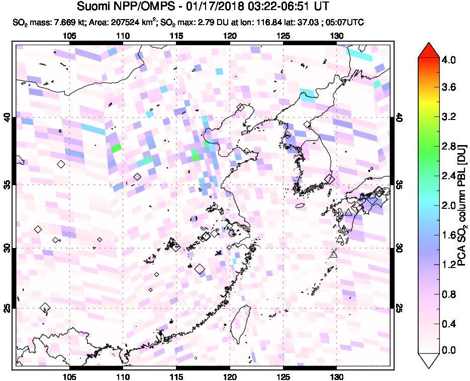 A sulfur dioxide image over Eastern China on Jan 17, 2018.