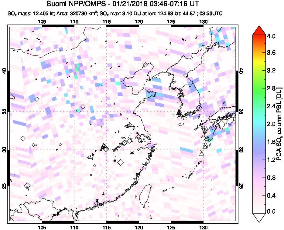 A sulfur dioxide image over Eastern China on Jan 21, 2018.