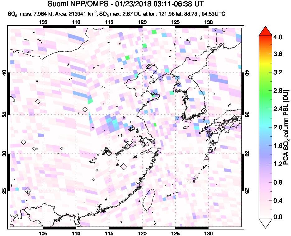 A sulfur dioxide image over Eastern China on Jan 23, 2018.