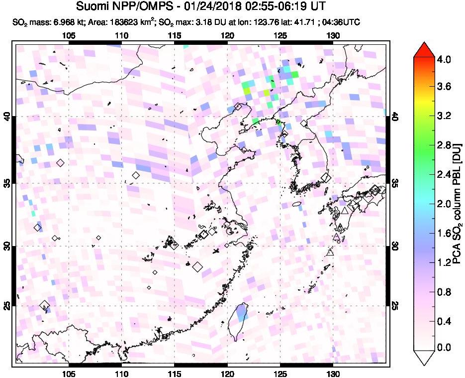 A sulfur dioxide image over Eastern China on Jan 24, 2018.