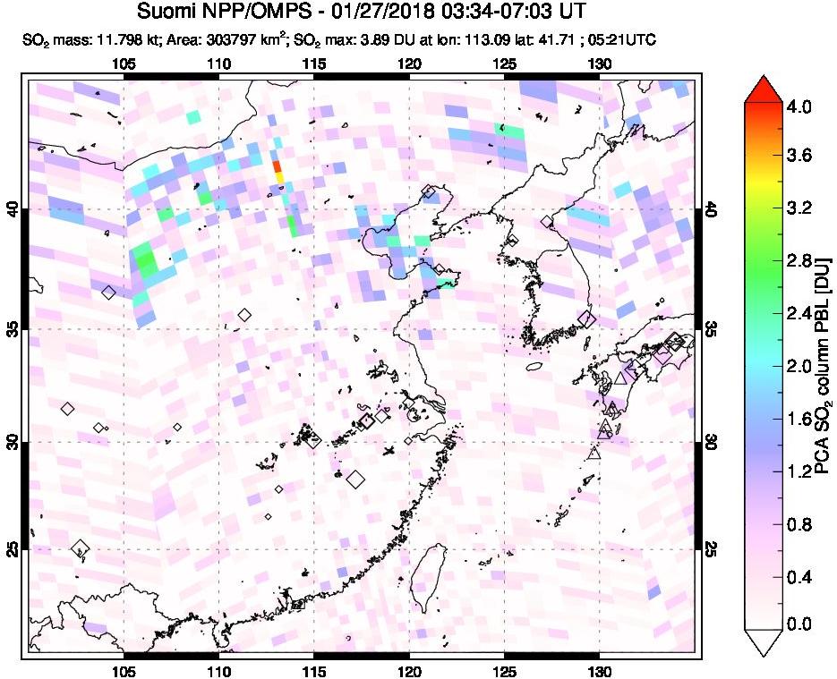 A sulfur dioxide image over Eastern China on Jan 27, 2018.