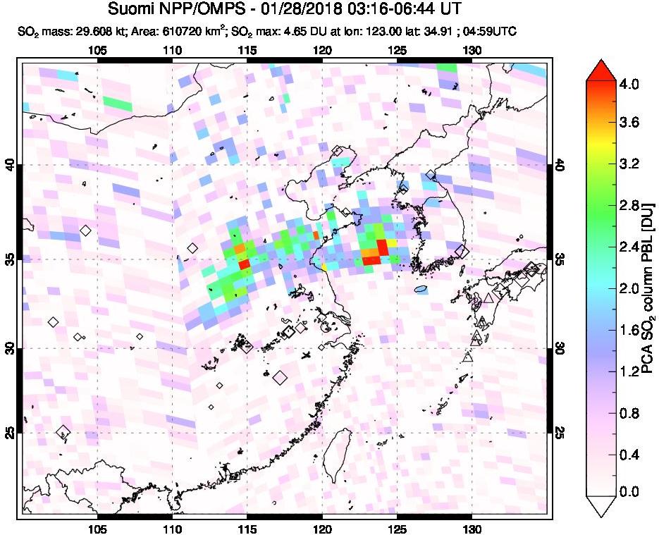 A sulfur dioxide image over Eastern China on Jan 28, 2018.