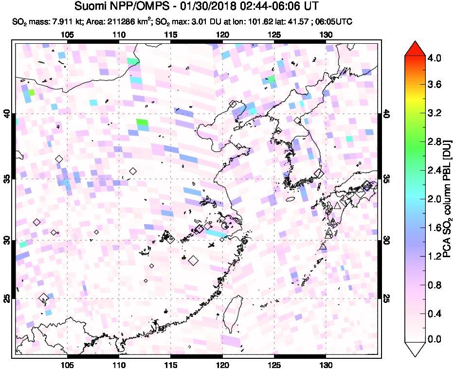 A sulfur dioxide image over Eastern China on Jan 30, 2018.