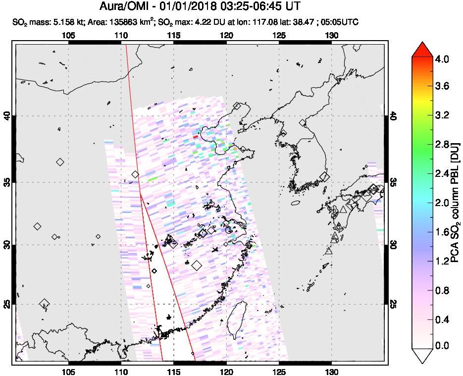 A sulfur dioxide image over Eastern China on Jan 01, 2018.
