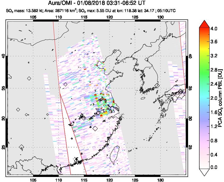 A sulfur dioxide image over Eastern China on Jan 08, 2018.