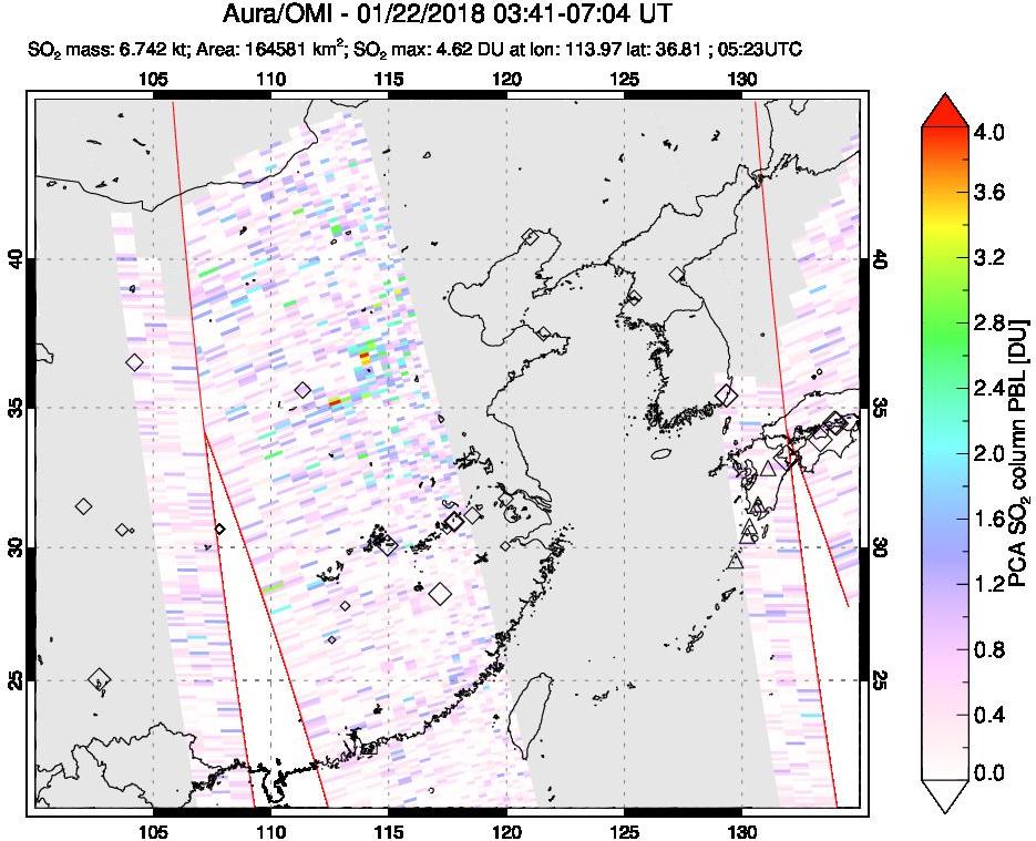 A sulfur dioxide image over Eastern China on Jan 22, 2018.