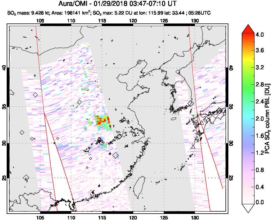 A sulfur dioxide image over Eastern China on Jan 29, 2018.