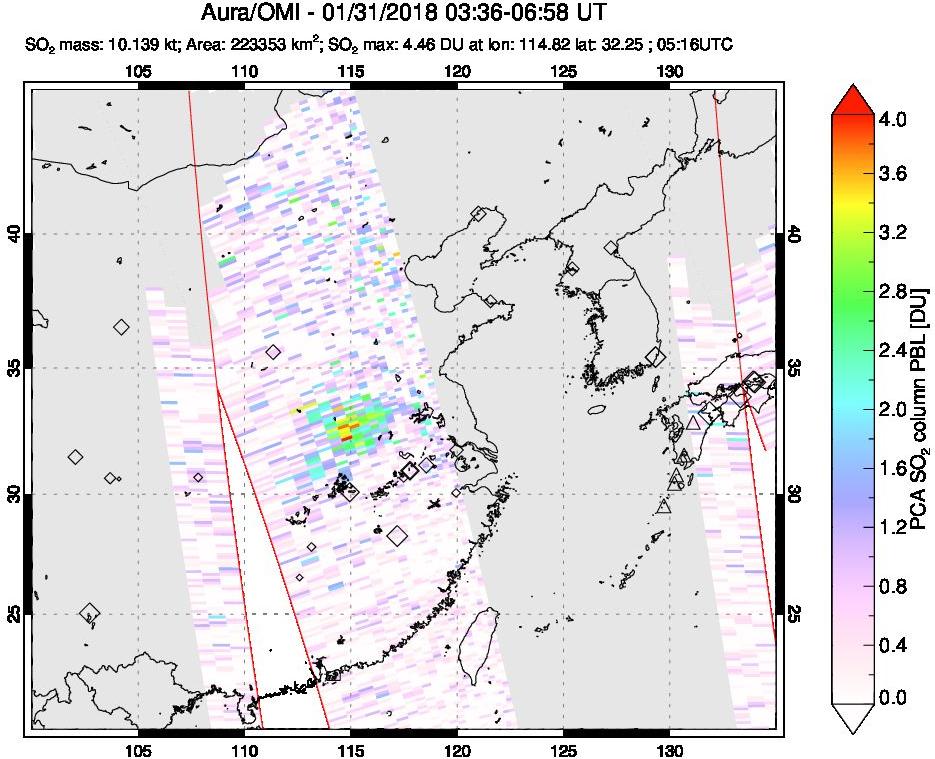 A sulfur dioxide image over Eastern China on Jan 31, 2018.