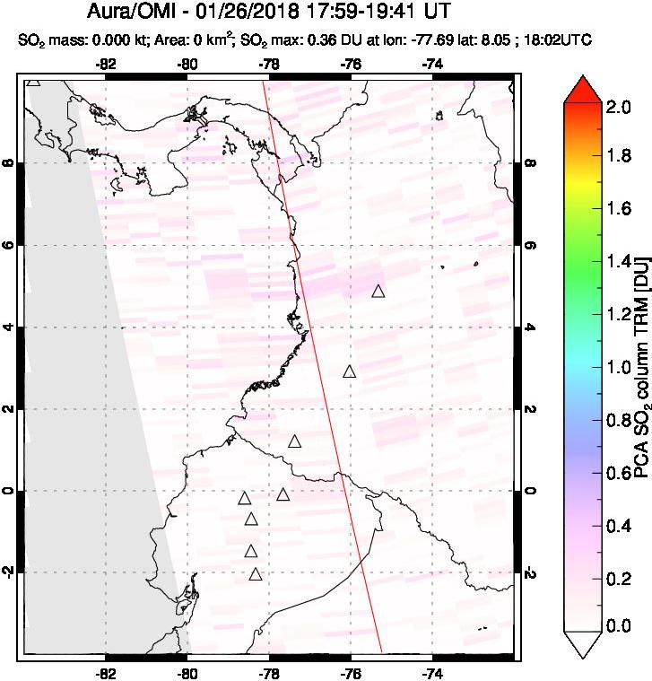 A sulfur dioxide image over Ecuador on Jan 26, 2018.