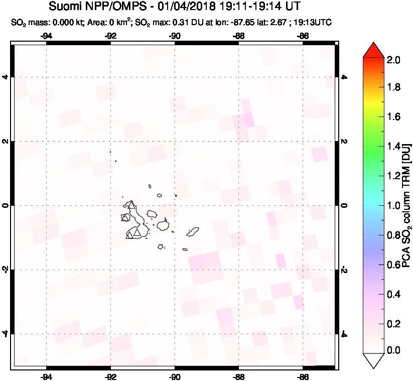 A sulfur dioxide image over Galápagos Islands on Jan 04, 2018.