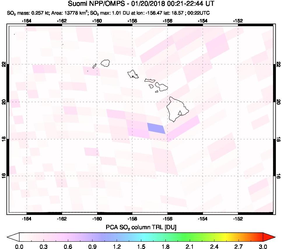 A sulfur dioxide image over Hawaii, USA on Jan 20, 2018.